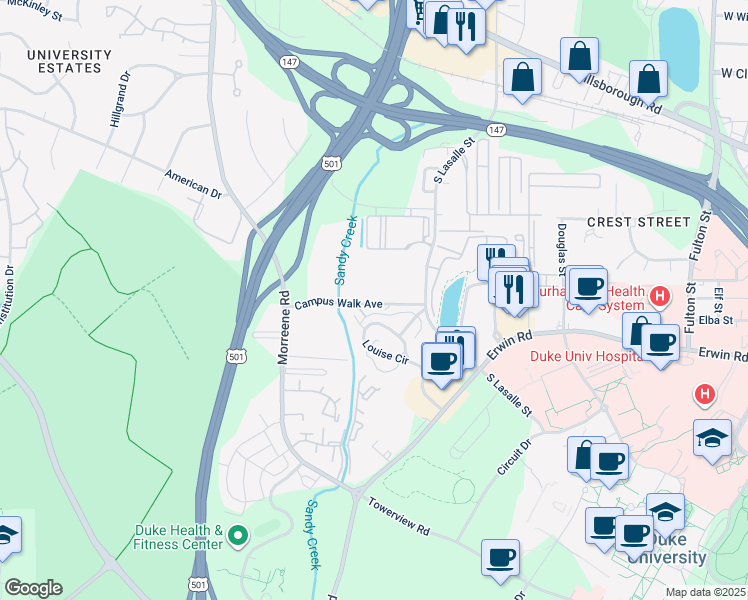 map of restaurants, bars, coffee shops, grocery stores, and more near 2748 Campus Walk Avenue in Durham