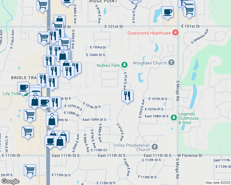 map of restaurants, bars, coffee shops, grocery stores, and more near 8880 East 105th Court South in Tulsa