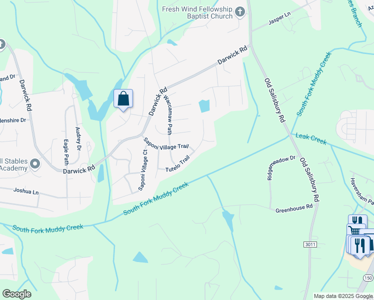 map of restaurants, bars, coffee shops, grocery stores, and more near 4960 Saponi Village Trail in Winston-Salem