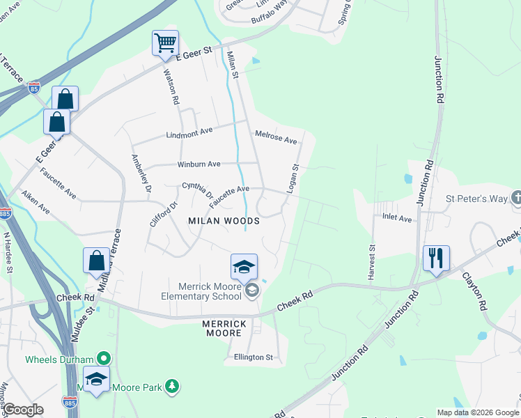 map of restaurants, bars, coffee shops, grocery stores, and more near 1429 Milan Street in Durham