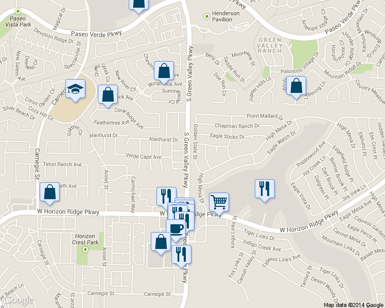 map of restaurants, bars, coffee shops, grocery stores, and more near 445 Golden State Street in Henderson