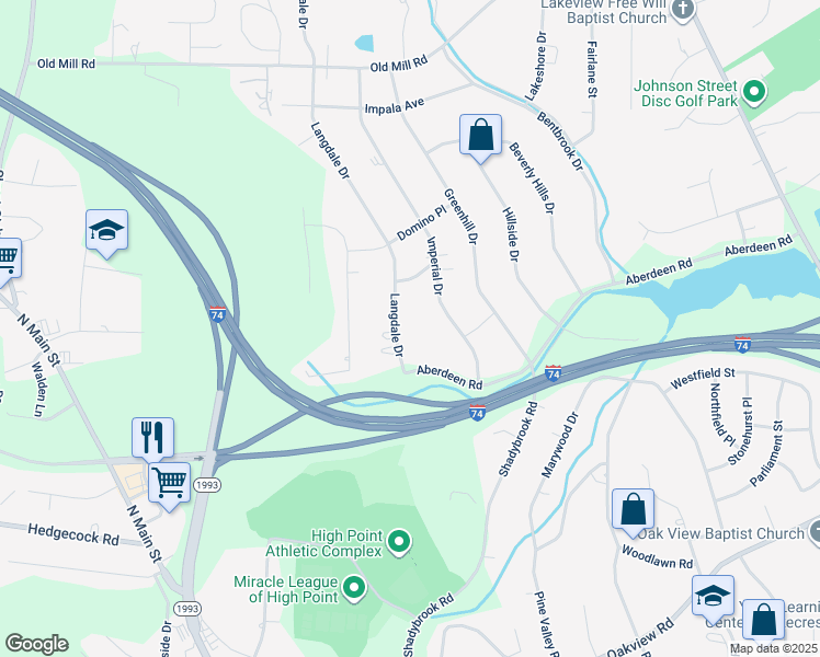 map of restaurants, bars, coffee shops, grocery stores, and more near 3415 Langdale Drive in High Point