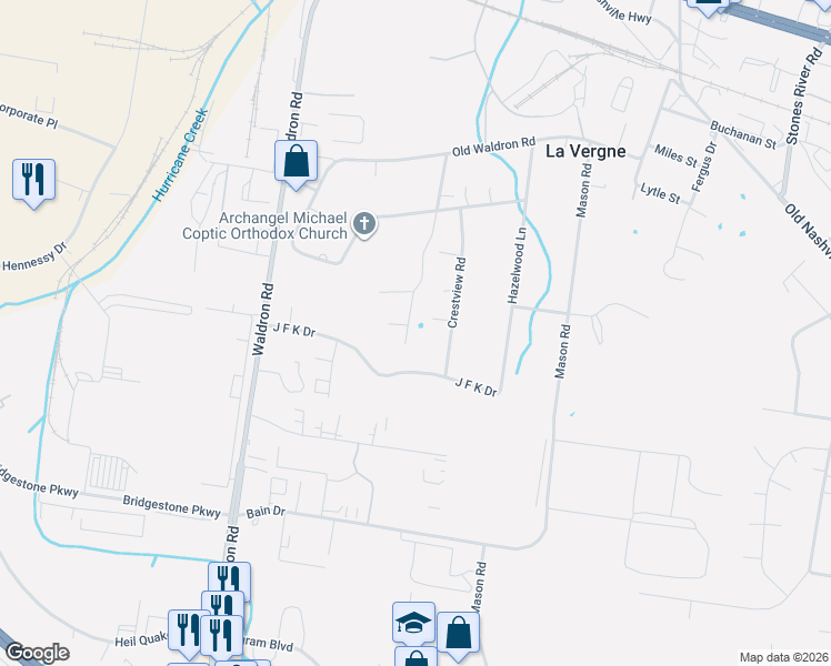 map of restaurants, bars, coffee shops, grocery stores, and more near 143 Cherokee Drive in La Vergne