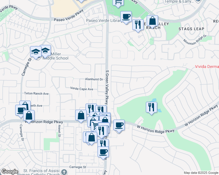 map of restaurants, bars, coffee shops, grocery stores, and more near 445 Golden State Street in Henderson