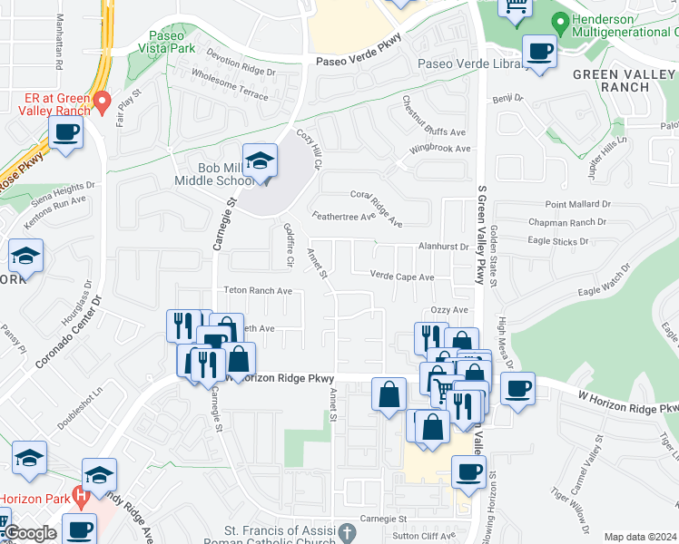 map of restaurants, bars, coffee shops, grocery stores, and more near 498 Grassrange Lane in Henderson