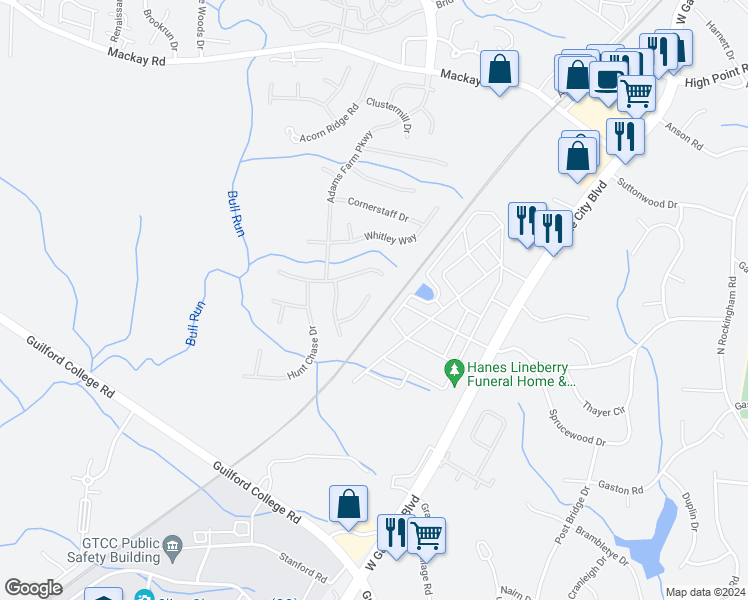 map of restaurants, bars, coffee shops, grocery stores, and more near 5405 Creek Point Court in Greensboro