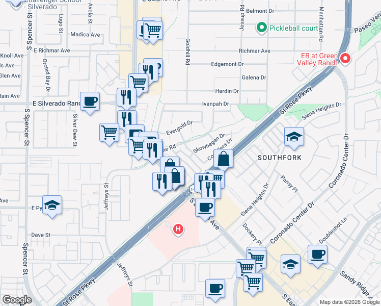 map of restaurants, bars, coffee shops, grocery stores, and more near 433 Coral Sea Street in Henderson