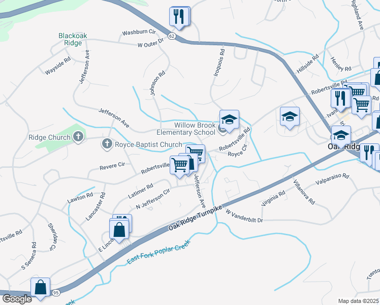 map of restaurants, bars, coffee shops, grocery stores, and more near 320 Robertsville Road in Oak Ridge