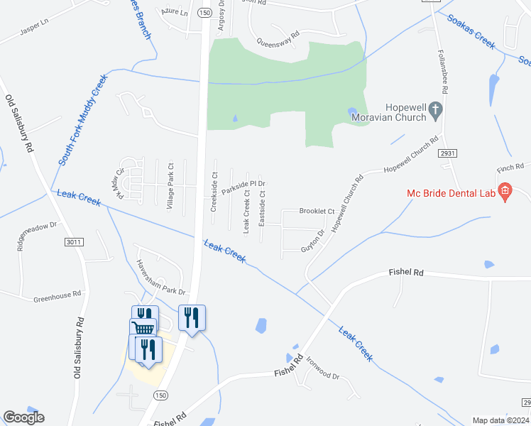 map of restaurants, bars, coffee shops, grocery stores, and more near 4043 Eastside Court in Winston-Salem
