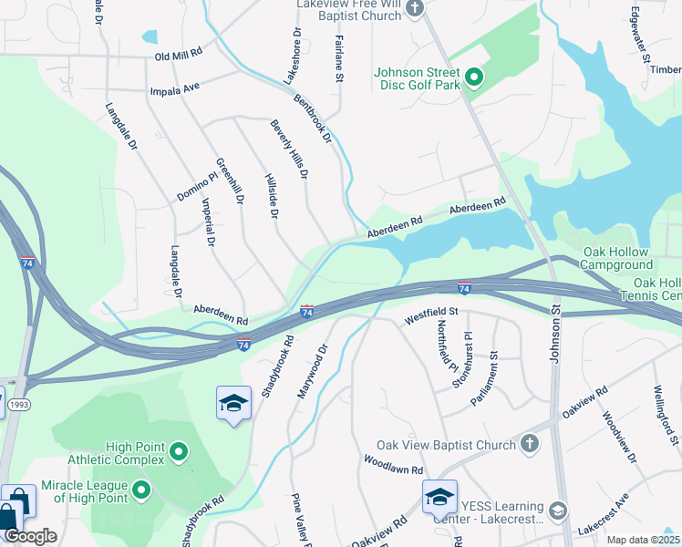 map of restaurants, bars, coffee shops, grocery stores, and more near 634 Shadybrook Road in High Point