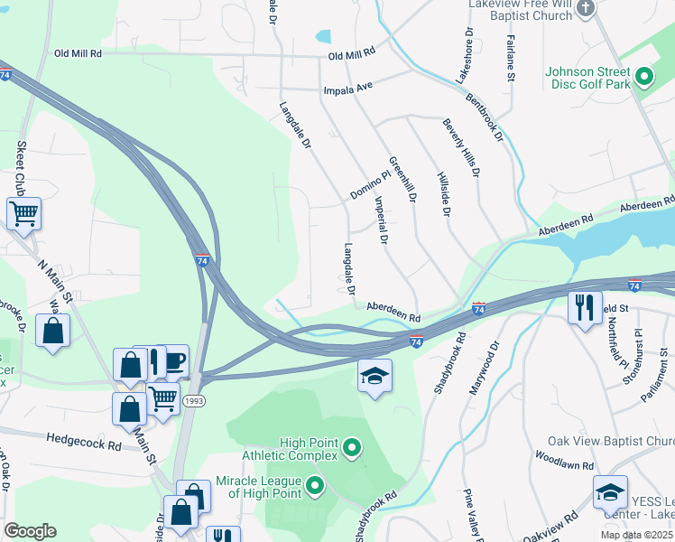 map of restaurants, bars, coffee shops, grocery stores, and more near 3411 Langdale Drive in High Point