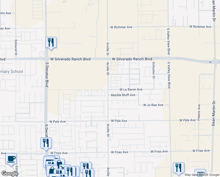 map of restaurants, bars, coffee shops, grocery stores, and more near Arville Street in Las Vegas