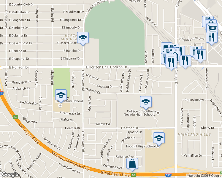 map of restaurants, bars, coffee shops, grocery stores, and more near 432 Chateau Drive in Henderson