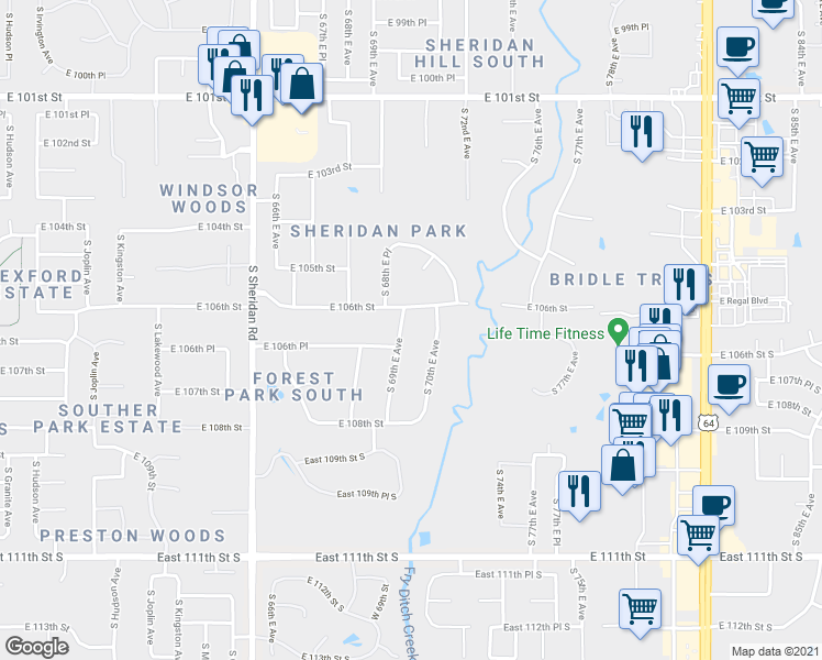 map of restaurants, bars, coffee shops, grocery stores, and more near 10617 South 69th East Avenue in Tulsa
