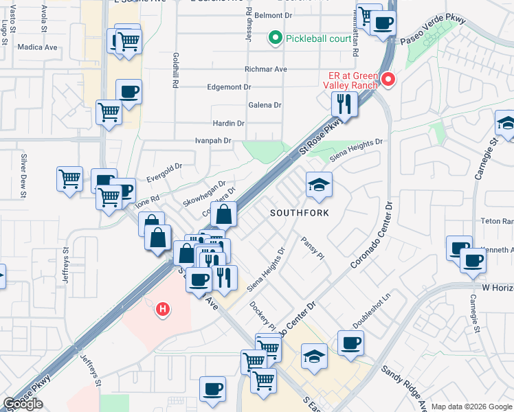 map of restaurants, bars, coffee shops, grocery stores, and more near 500 Quail Bird Place in Henderson