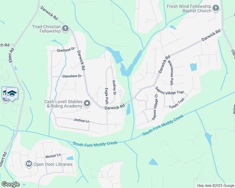 map of restaurants, bars, coffee shops, grocery stores, and more near 4755 Audrey Drive in Winston-Salem