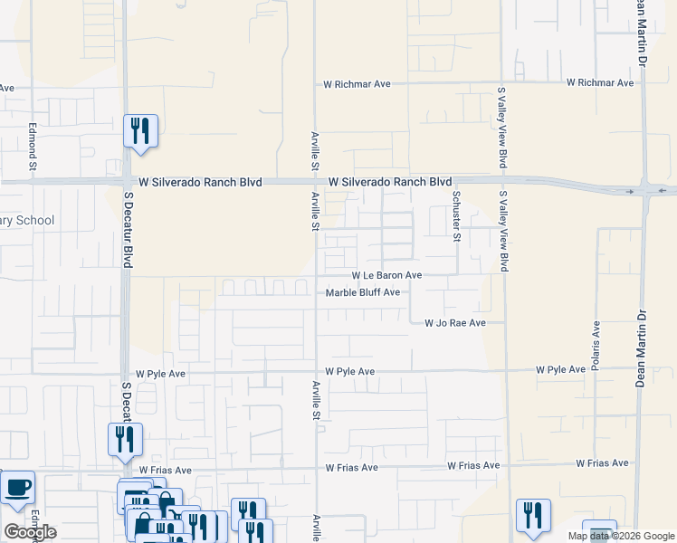 map of restaurants, bars, coffee shops, grocery stores, and more near Kings Glen Street in Las Vegas