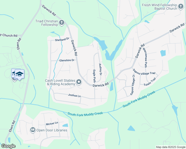 map of restaurants, bars, coffee shops, grocery stores, and more near 4750 Eagle Path in Winston-Salem