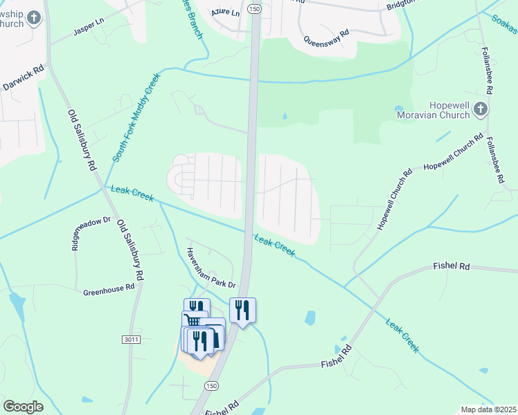 map of restaurants, bars, coffee shops, grocery stores, and more near 4040 Creekside Court in Winston-Salem