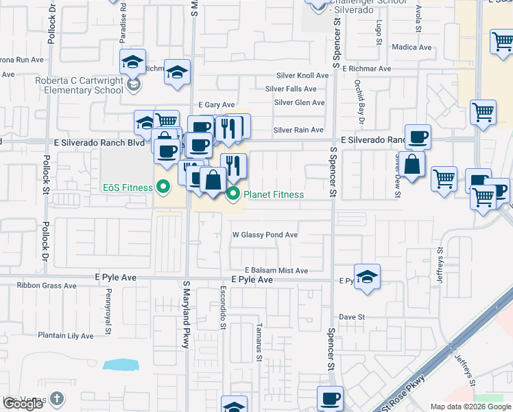 map of restaurants, bars, coffee shops, grocery stores, and more near 9861 Snowy Canyon Court in Las Vegas