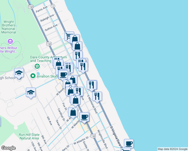 map of restaurants, bars, coffee shops, grocery stores, and more near 805 South Virginia Dare Trail in Kill Devil Hills