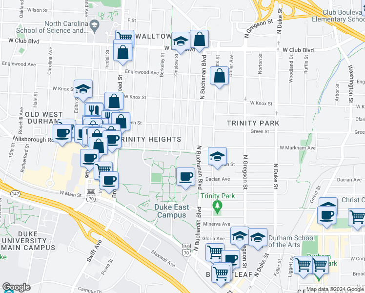 map of restaurants, bars, coffee shops, grocery stores, and more near 811 Lancaster Street in Durham