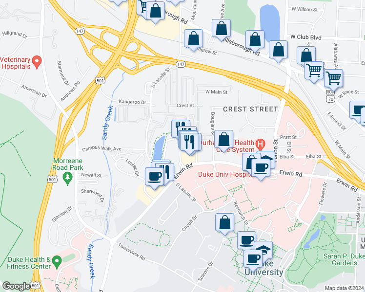 map of restaurants, bars, coffee shops, grocery stores, and more near 2612 Erwin Road in Durham