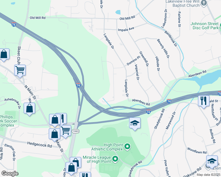 map of restaurants, bars, coffee shops, grocery stores, and more near 3411 Corvair Drive in High Point