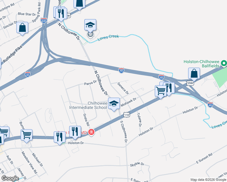 map of restaurants, bars, coffee shops, grocery stores, and more near 313 Pocahontas Drive Northeast in Knoxville