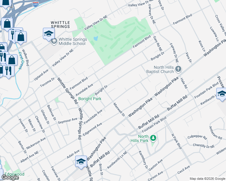 map of restaurants, bars, coffee shops, grocery stores, and more near 3000 Boright Drive in Knoxville
