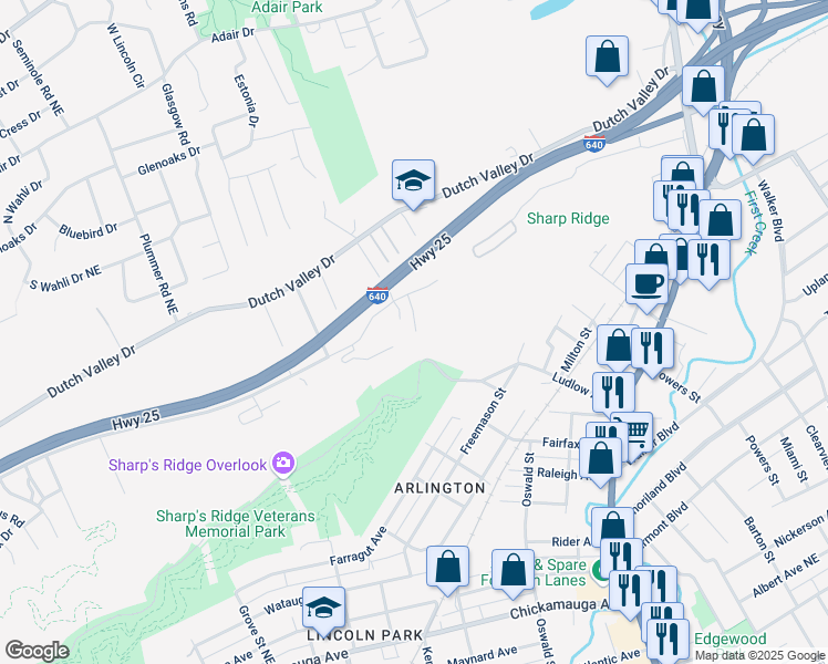 map of restaurants, bars, coffee shops, grocery stores, and more near 4009 Bedrock Way in Knoxville