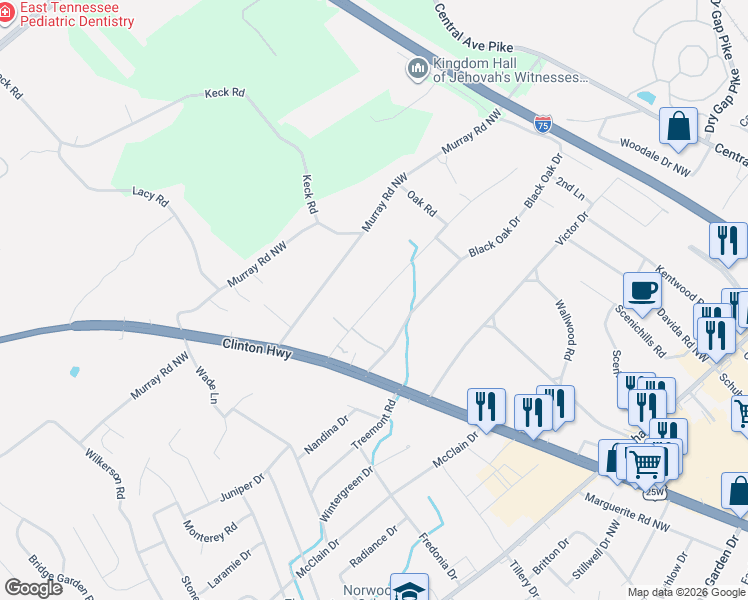 map of restaurants, bars, coffee shops, grocery stores, and more near 710 Hickory Drive Northwest in Knoxville