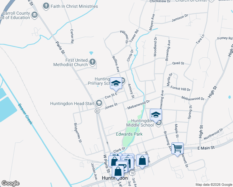 map of restaurants, bars, coffee shops, grocery stores, and more near 191 Cox Street East in Huntingdon