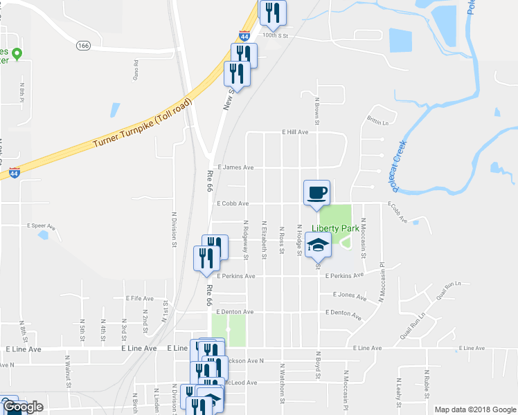 map of restaurants, bars, coffee shops, grocery stores, and more near 1224 East Cobb Avenue in Sapulpa