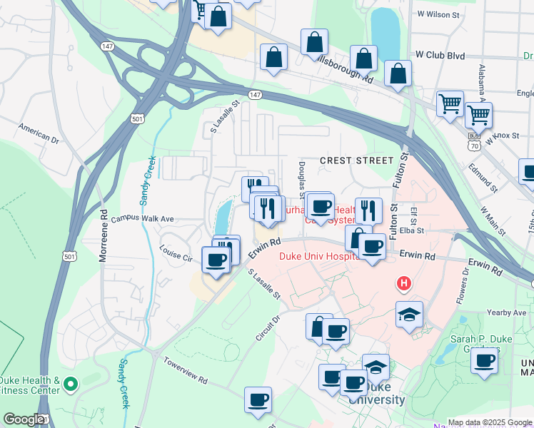 map of restaurants, bars, coffee shops, grocery stores, and more near 2610 Erwin Road in Durham