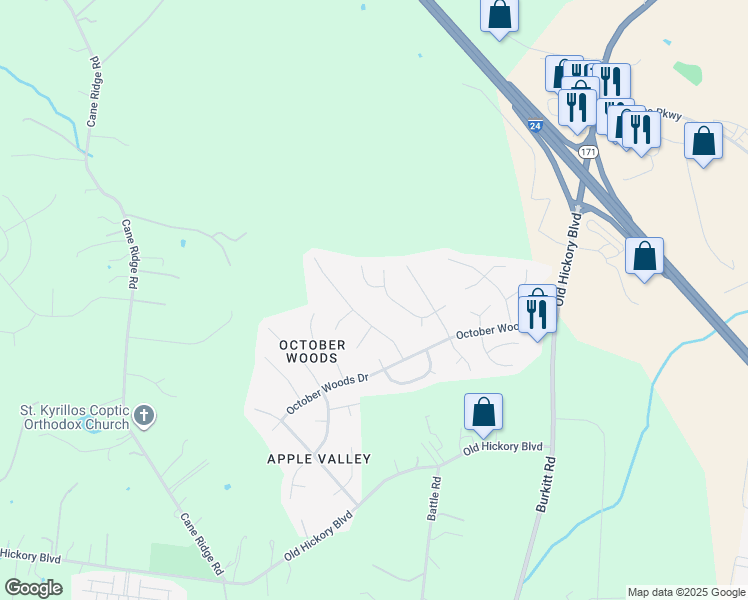 map of restaurants, bars, coffee shops, grocery stores, and more near 5325 Kimsaw Circle in Nashville