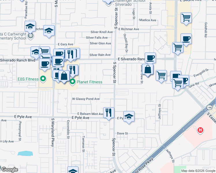 map of restaurants, bars, coffee shops, grocery stores, and more near 1622 East Graystone Canyon Avenue in Las Vegas