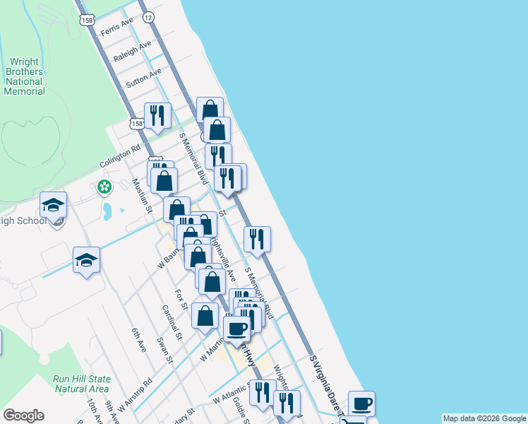 map of restaurants, bars, coffee shops, grocery stores, and more near 805 South Virginia Dare Trail in Kill Devil Hills