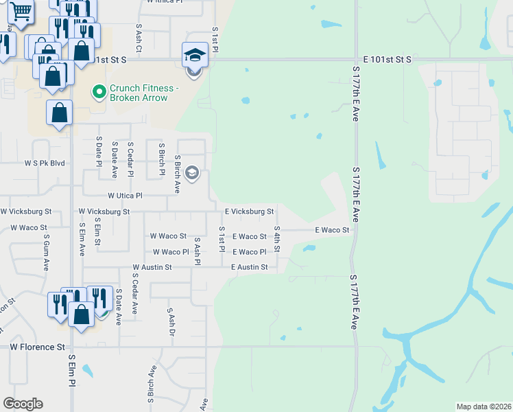 map of restaurants, bars, coffee shops, grocery stores, and more near 404 East Vicksburg Street in Broken Arrow