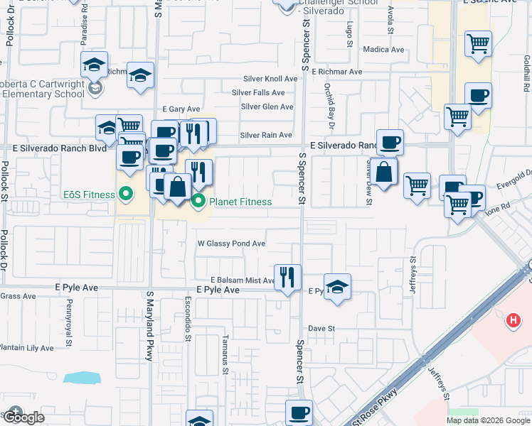 map of restaurants, bars, coffee shops, grocery stores, and more near 1593 East Graystone Canyon Avenue in Las Vegas