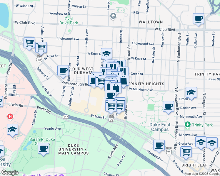 map of restaurants, bars, coffee shops, grocery stores, and more near 1079 Hillsborough Road in Durham