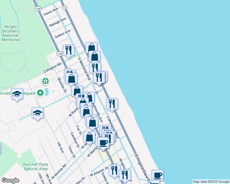 map of restaurants, bars, coffee shops, grocery stores, and more near 815 South Virginia Dare Trail in Kill Devil Hills