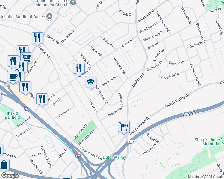 map of restaurants, bars, coffee shops, grocery stores, and more near 4506 Hutton Road in Knoxville