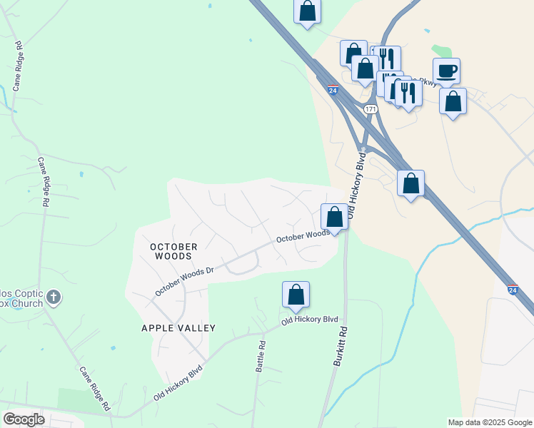 map of restaurants, bars, coffee shops, grocery stores, and more near 5004 Morningwood Lane in Nashville
