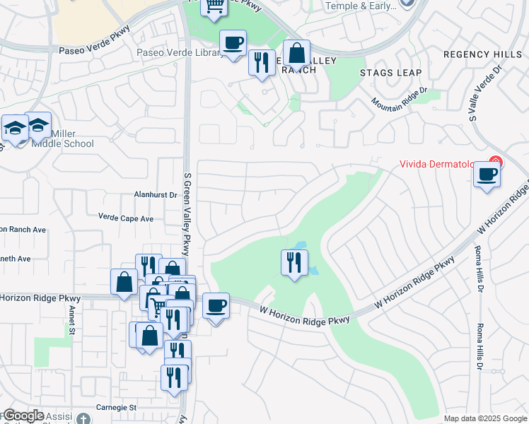 map of restaurants, bars, coffee shops, grocery stores, and more near 2142 High Mesa Drive in Henderson