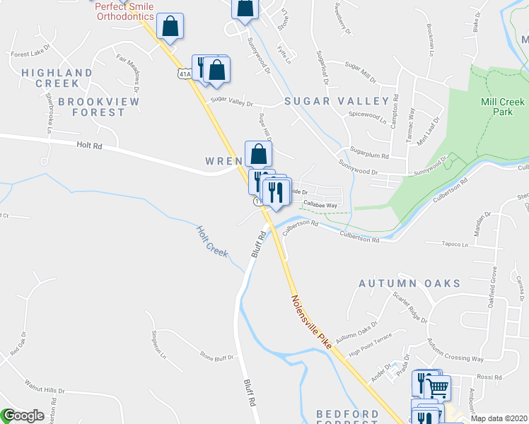 map of restaurants, bars, coffee shops, grocery stores, and more near 6448 Nolensville Pike in Antioch