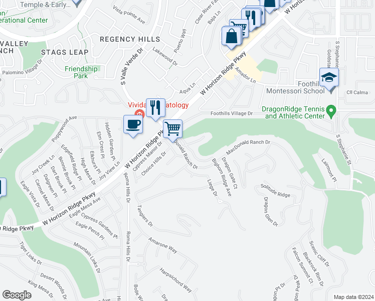 map of restaurants, bars, coffee shops, grocery stores, and more near 1540 Foothills Village Drive in Henderson
