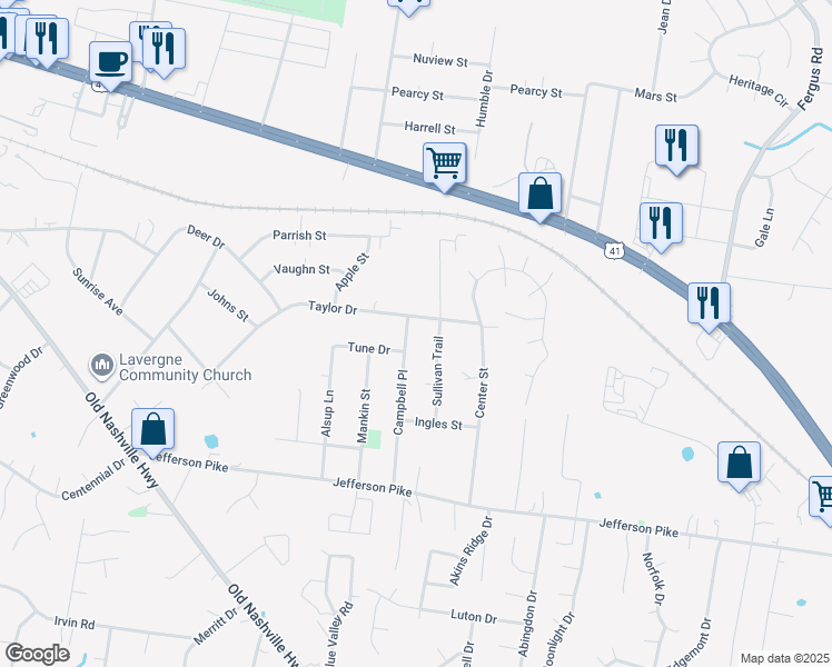 map of restaurants, bars, coffee shops, grocery stores, and more near 168 Campbell Place in La Vergne