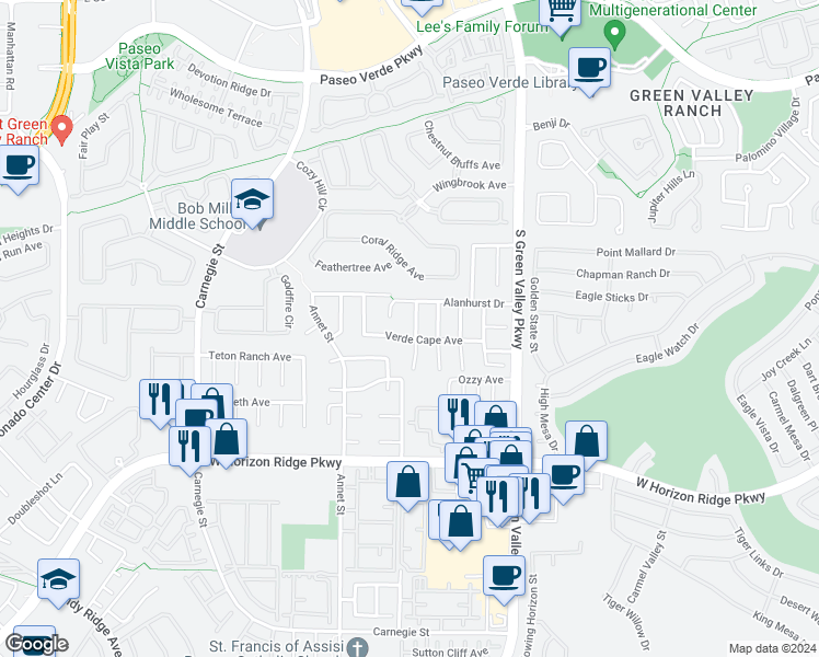map of restaurants, bars, coffee shops, grocery stores, and more near 497 1st Light Street in Henderson