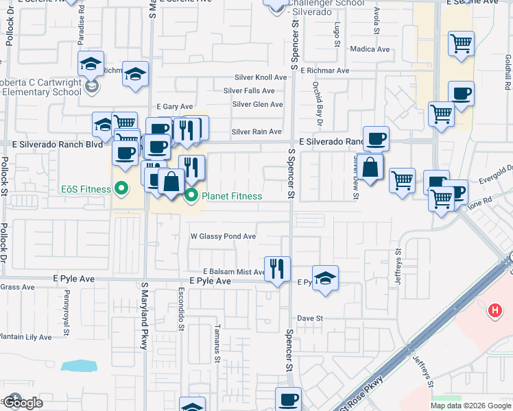 map of restaurants, bars, coffee shops, grocery stores, and more near 1593 East Graystone Canyon Avenue in Las Vegas